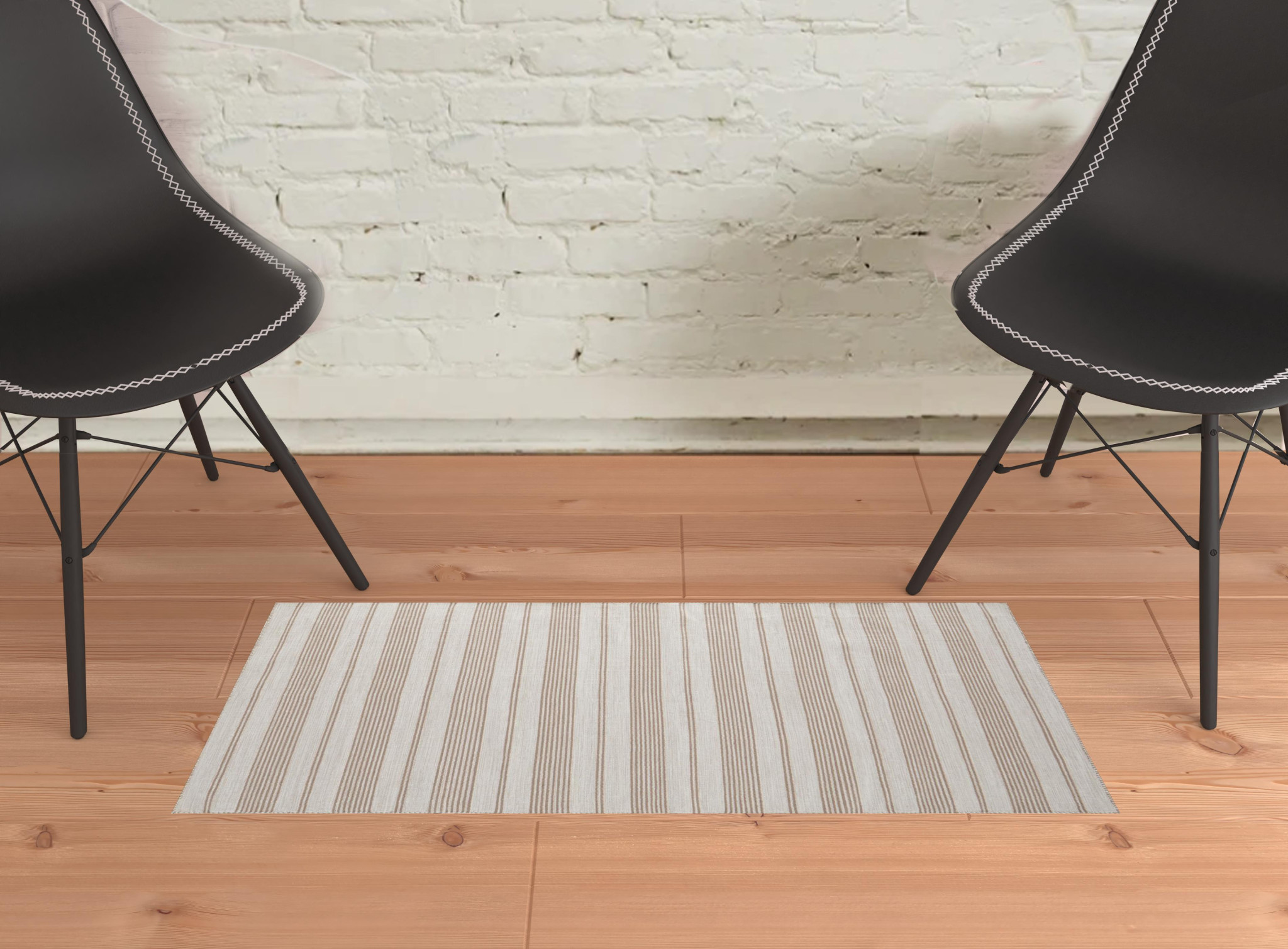 2" X 3" Ivory And Taupe Striped Dhurrie Hand Woven Stain Resistant Area Rug