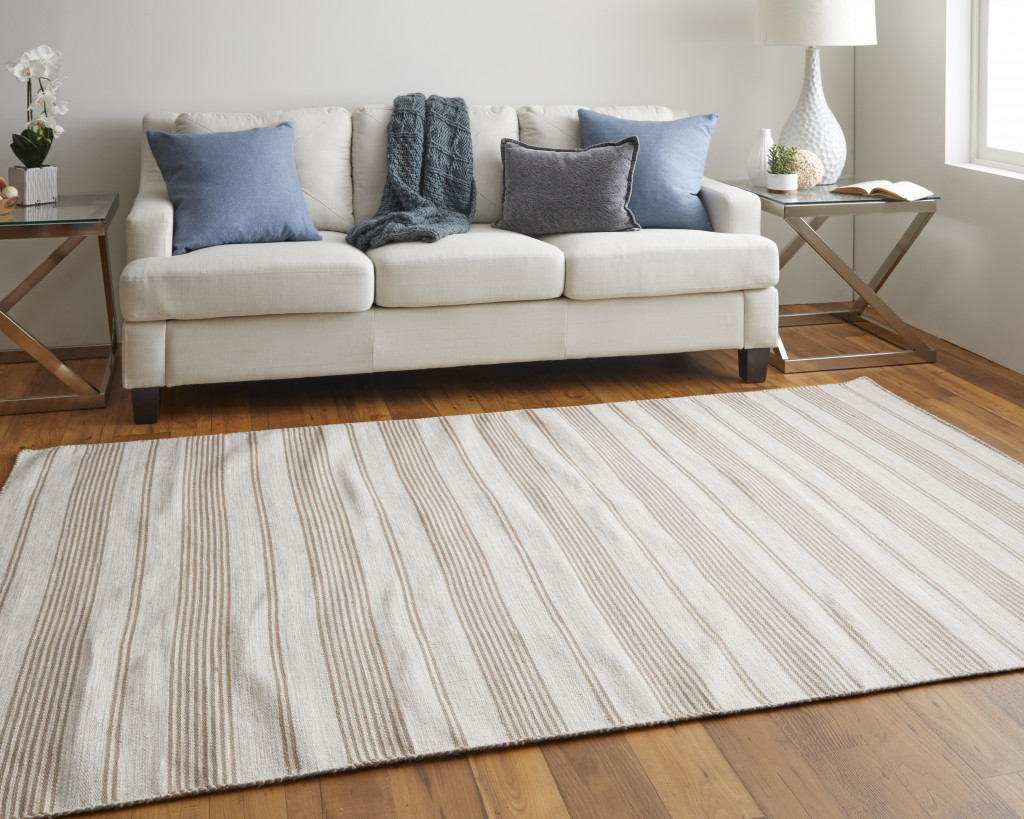 2" X 3" Ivory And Taupe Striped Dhurrie Hand Woven Stain Resistant Area Rug