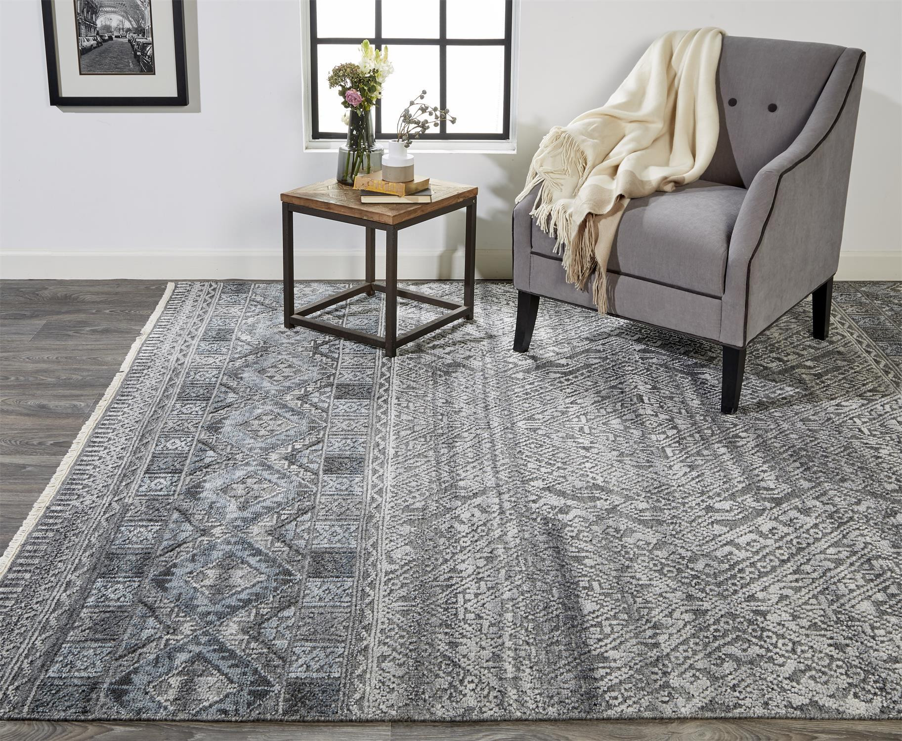2 X 3 gray Ivory And Blue geometric Hand Knotted Area Rug