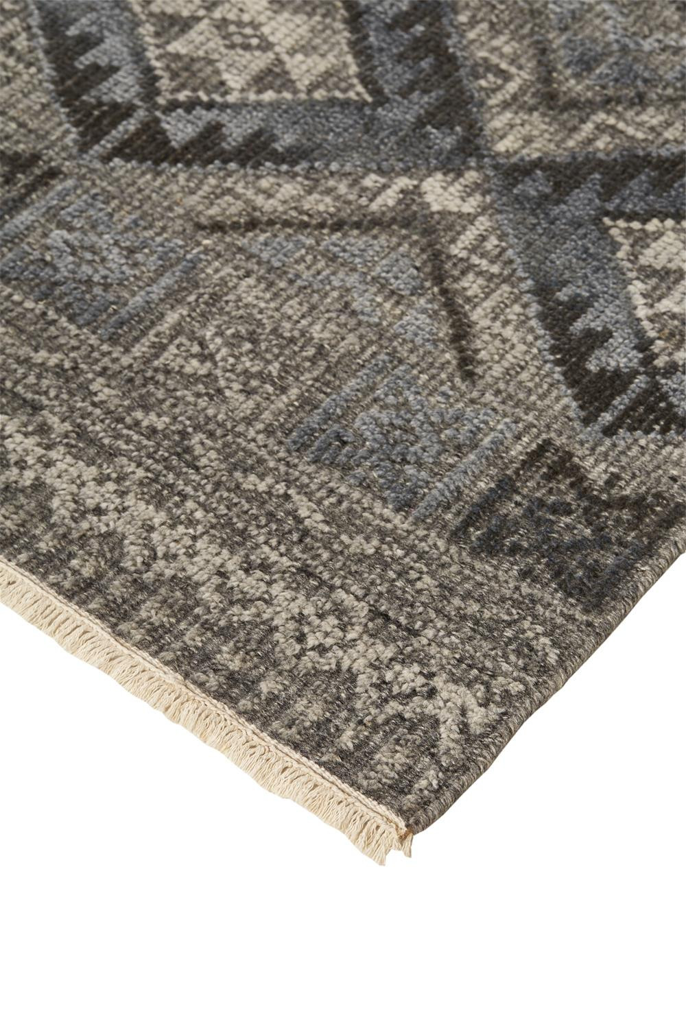 2 X 3 gray Ivory And Blue geometric Hand Knotted Area Rug