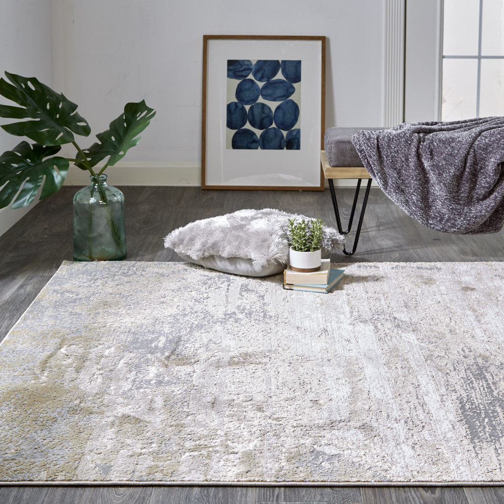 2" X 3" Ivory Gold And Gray Abstract Stain Resistant Area Rug