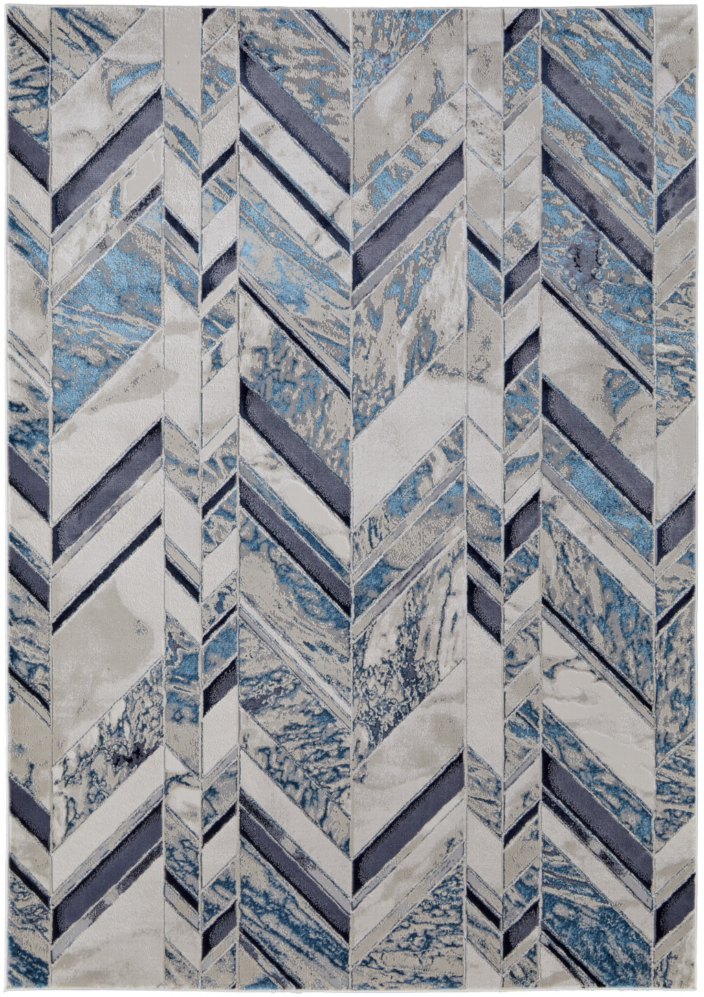 2" X 3" Ivory Blue And Gray Chevron Power Loom Distressed Area Rug