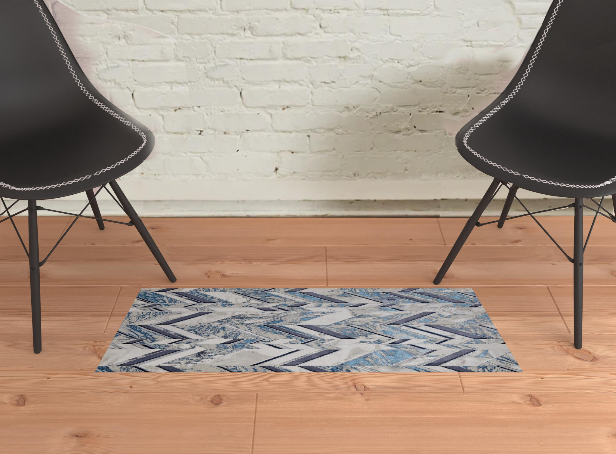 2" X 3" Ivory Blue And Gray Chevron Power Loom Distressed Area Rug