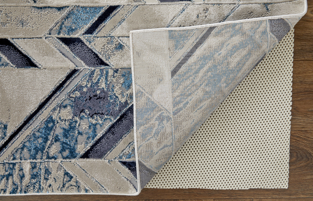 2" X 3" Ivory Blue And Gray Chevron Power Loom Distressed Area Rug