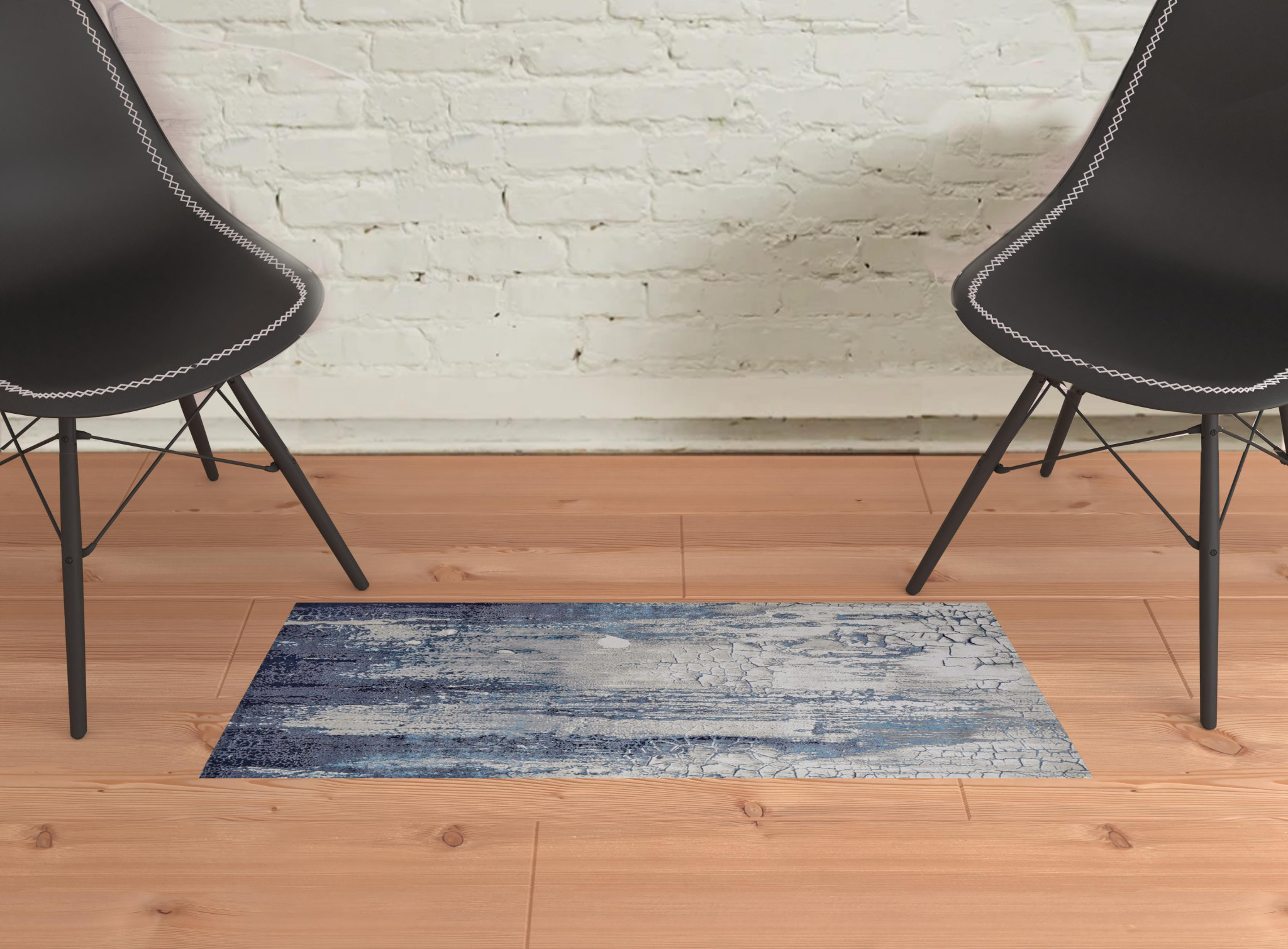 2" X 3" Ivory Blue And Black Abstract Power Loom Distressed Area Rug
