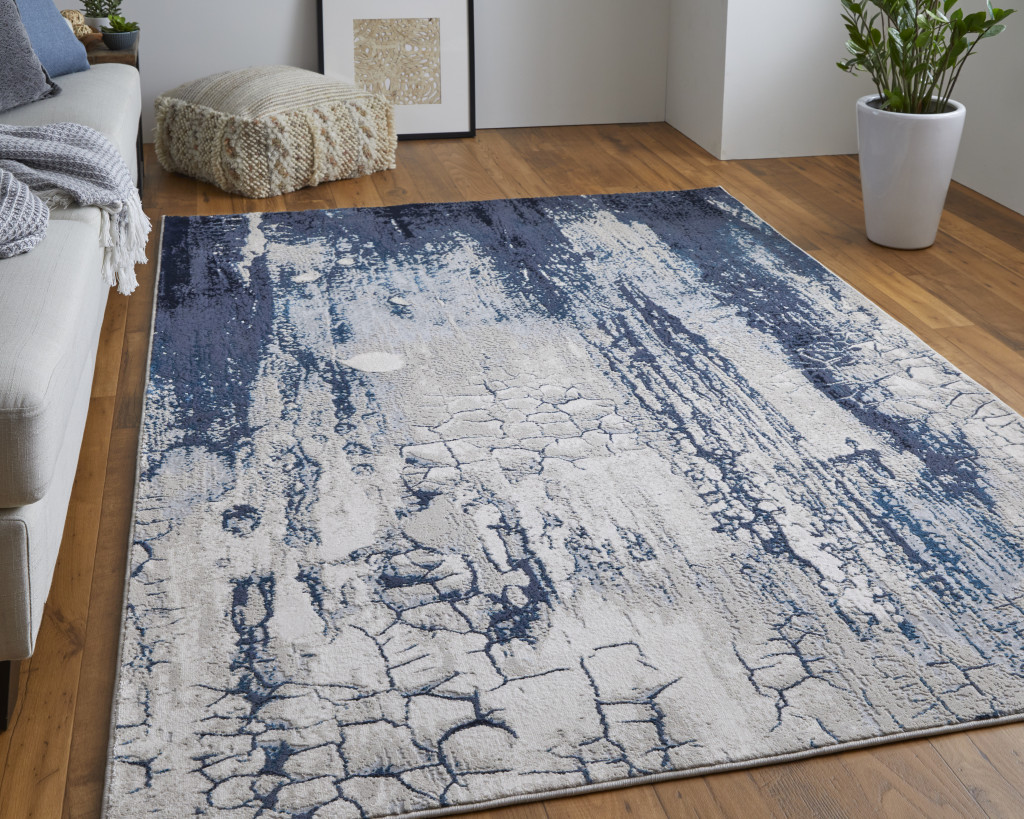 2" X 3" Ivory Blue And Black Abstract Power Loom Distressed Area Rug