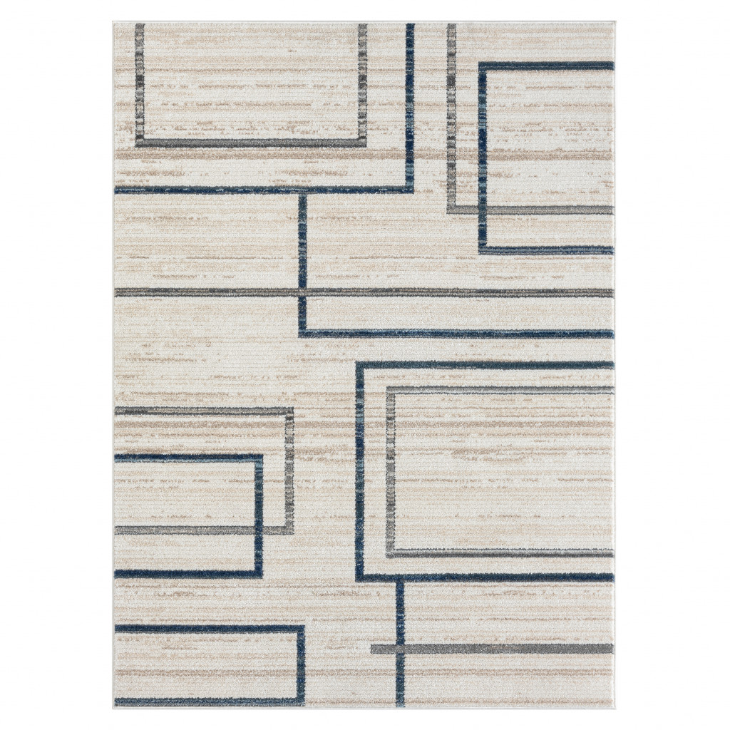 5" X 7" Ivory Blue and Gray Geometric Area Rug