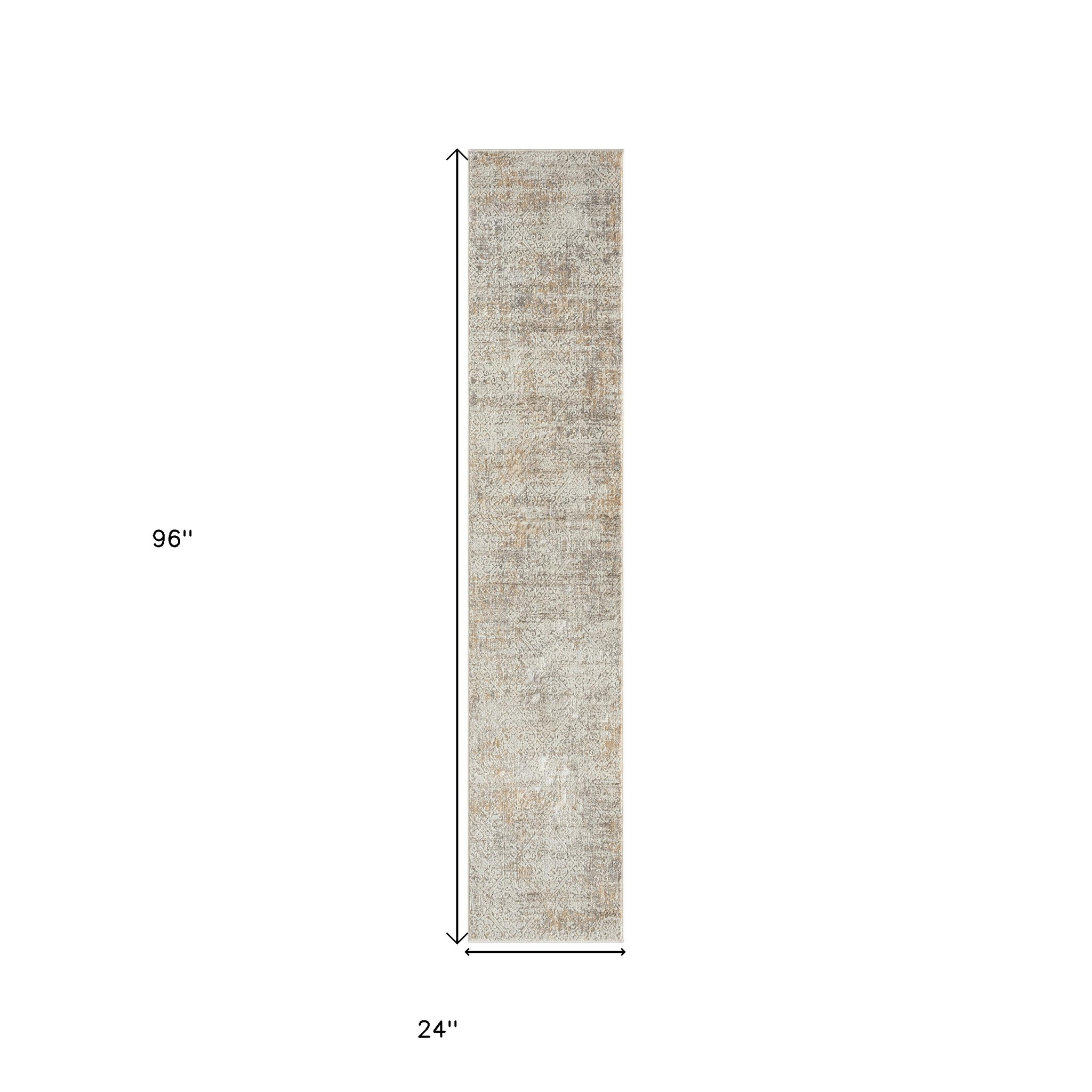 2" X 8" Gray Damask Distressed Runner Rug