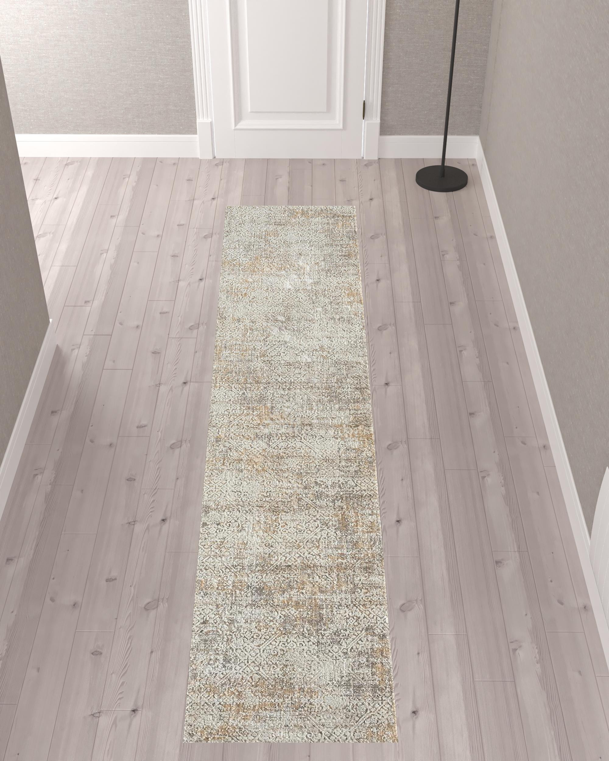 2" X 10" Gray Damask Distressed Runner Rug