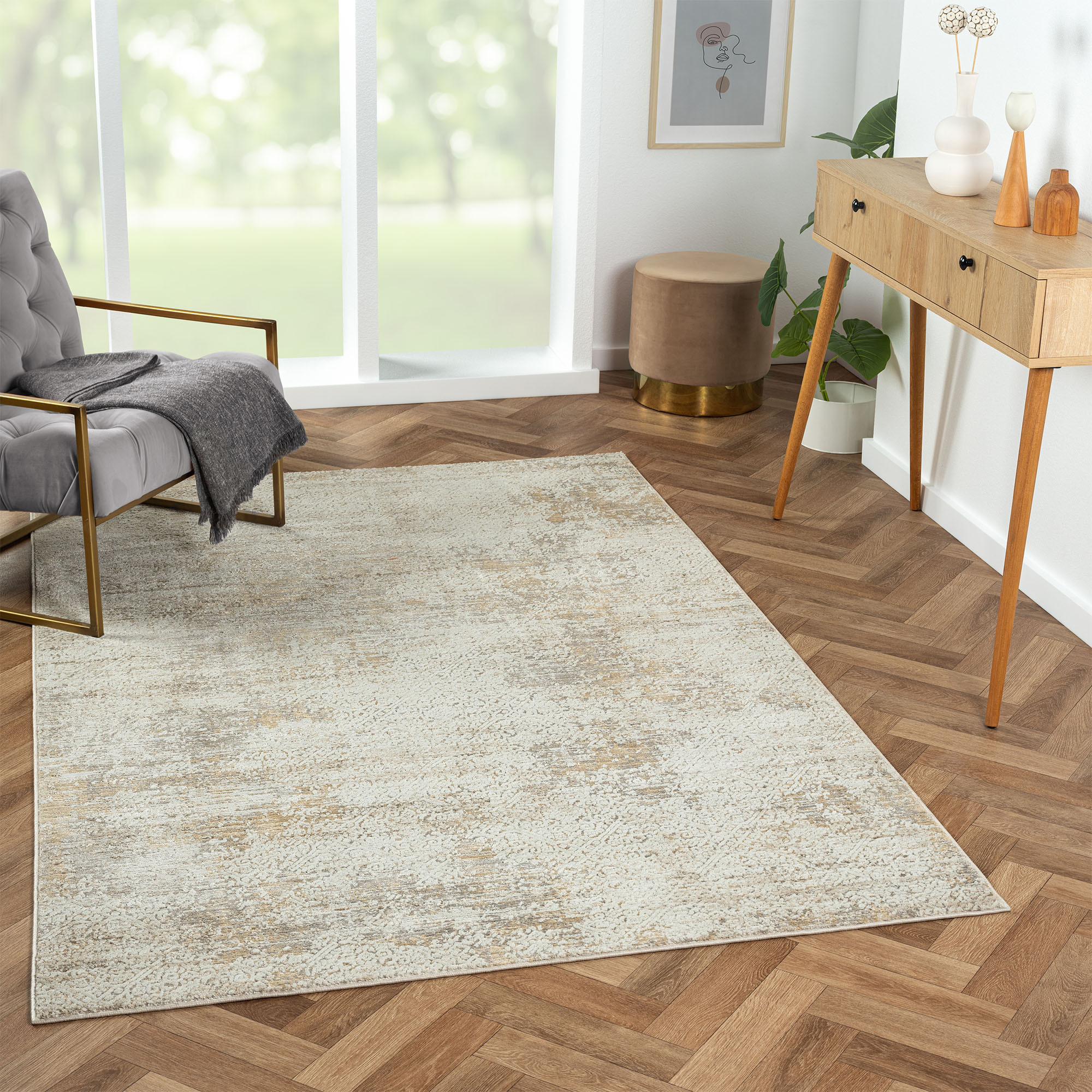 8" X 10" Gray Damask Distressed Area Rug