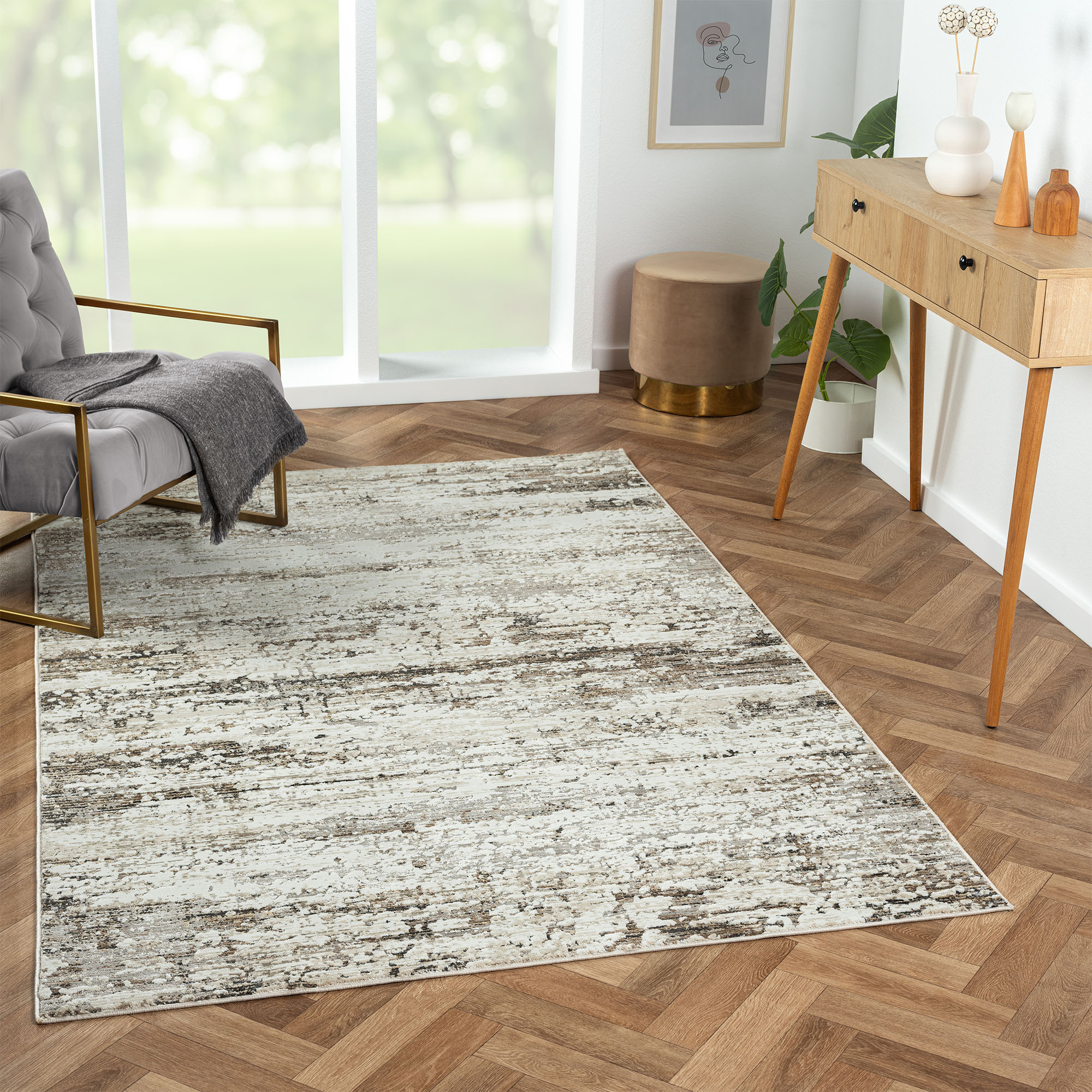 2" X 3" Beige Abstract Distressed Area Rug