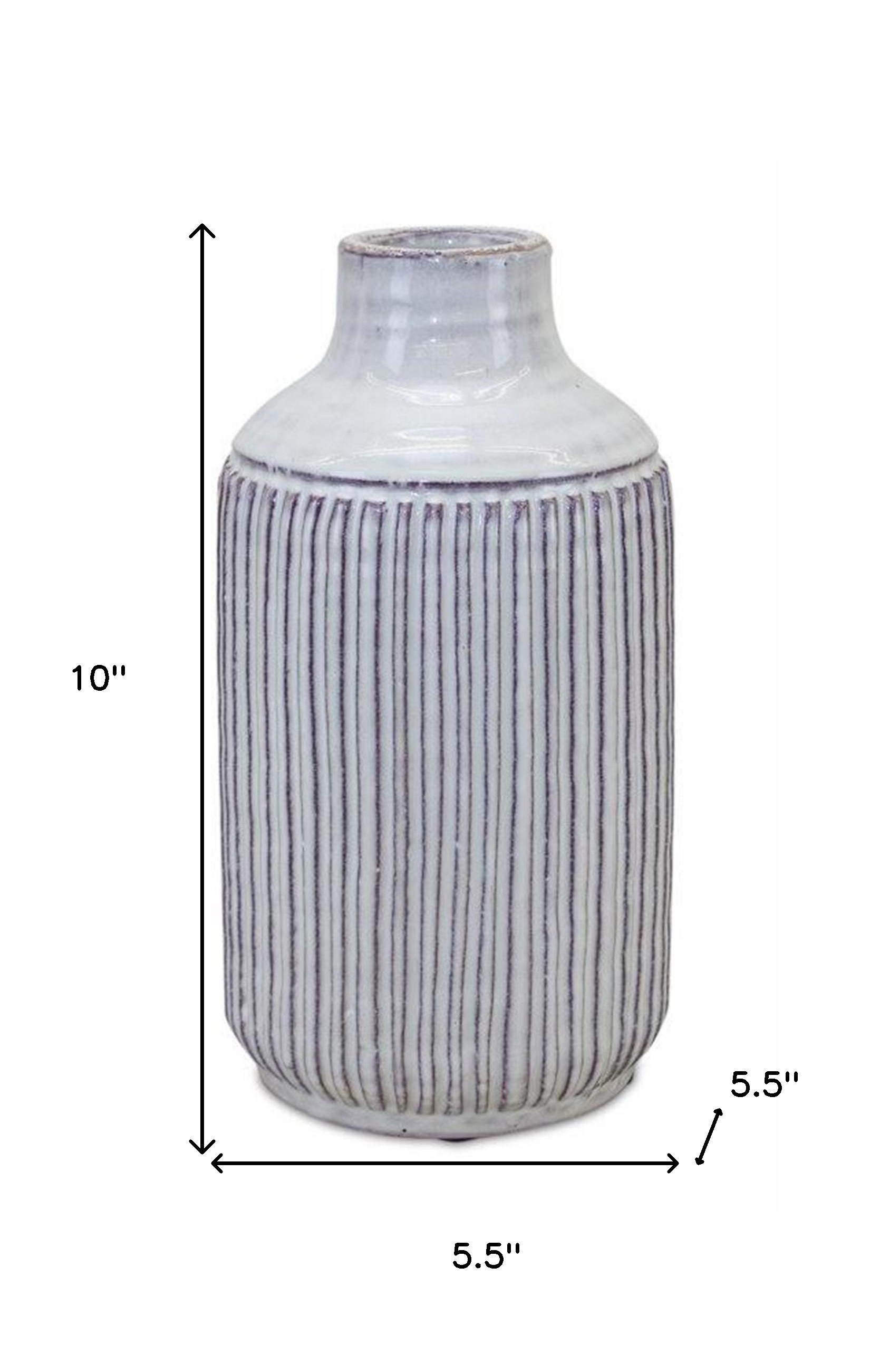 10 Inch Off-White Striped Terracotta Cylinder Table Vase