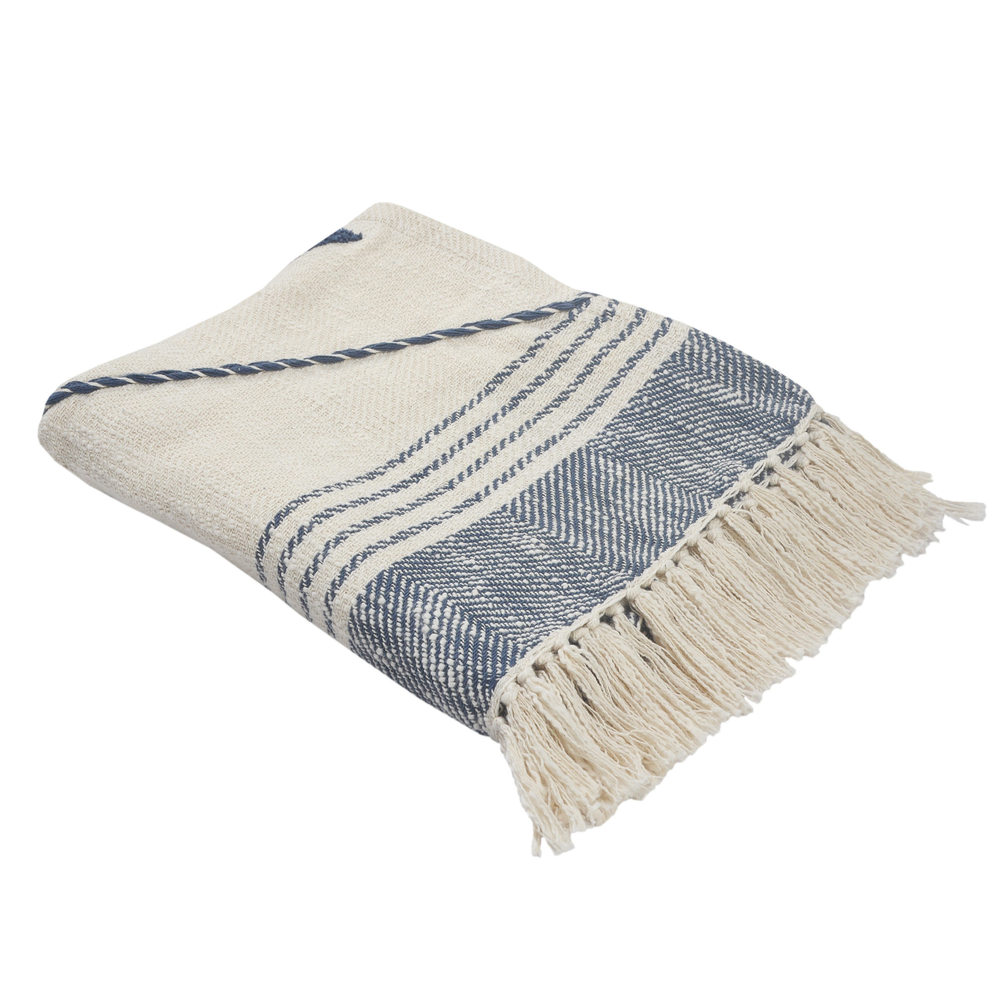Blue and Off White Woven Cotton Striped Throw Blanket-516482-1
