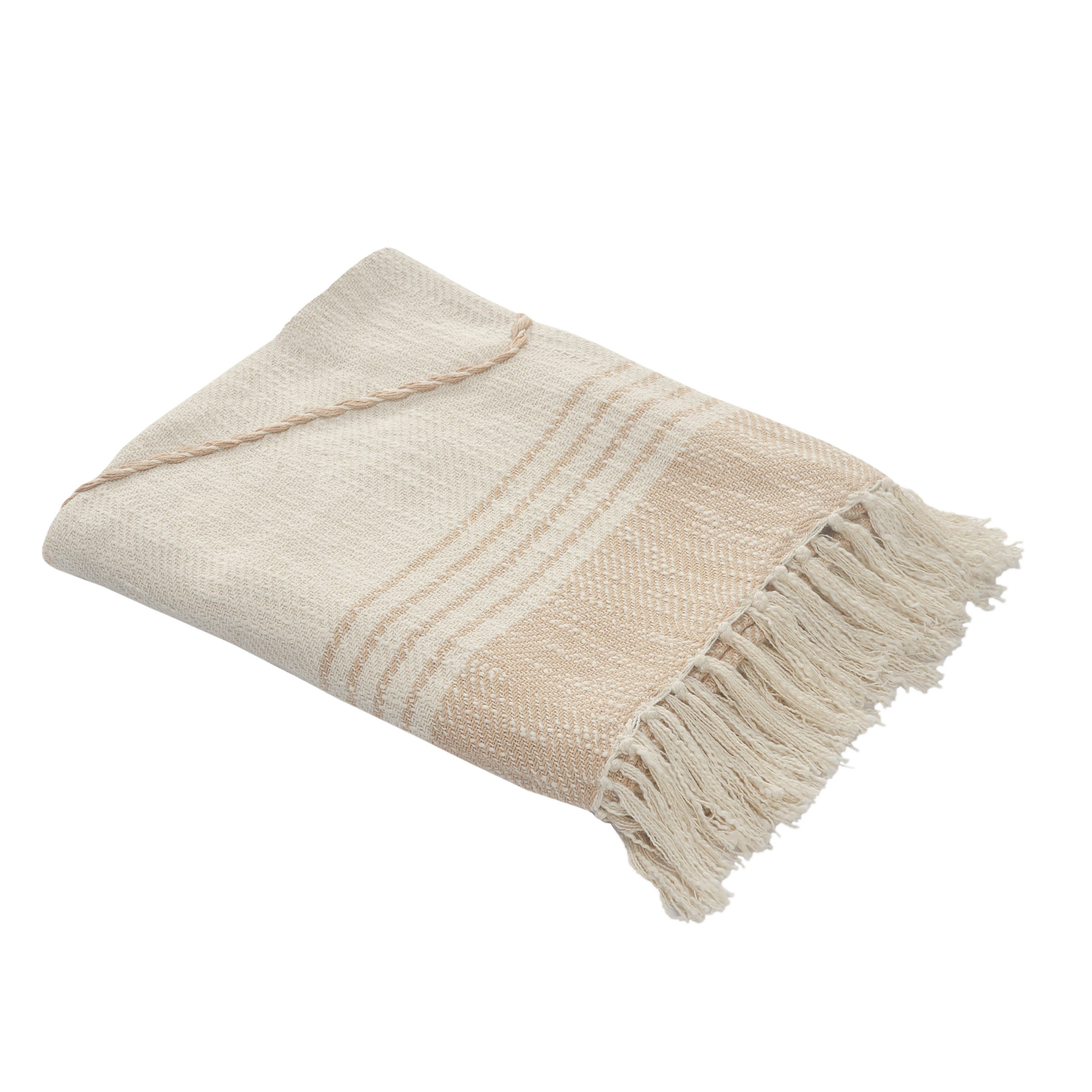 Beige Woven Cotton Striped Throw Blanket-516483-2