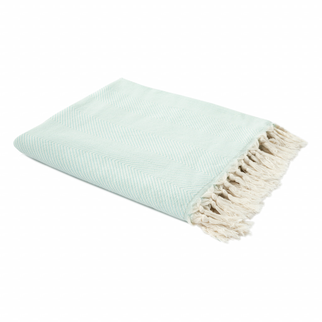 Teal Blue Woven Cotton Herringbone Throw Blanket-516493-1