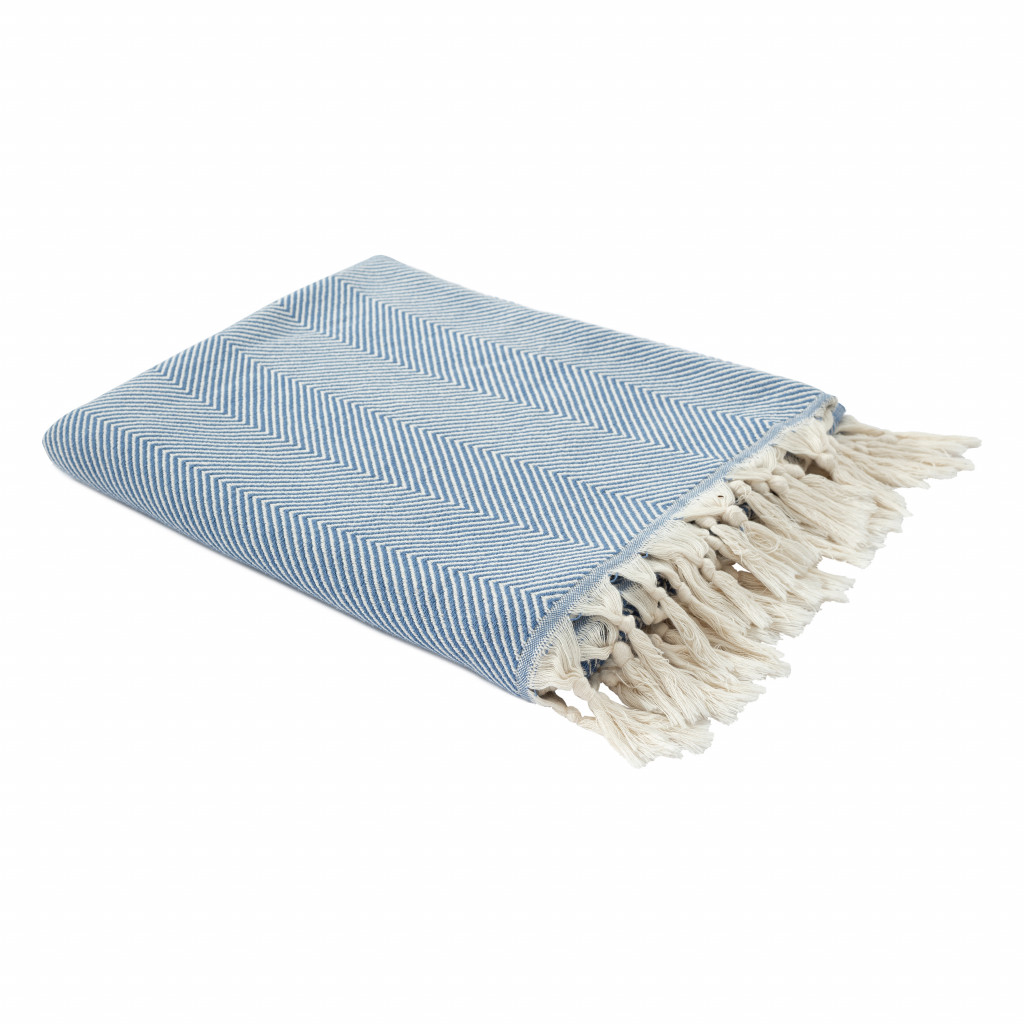 Blue Woven Cotton Herringbone Throw Blanket-516494-1