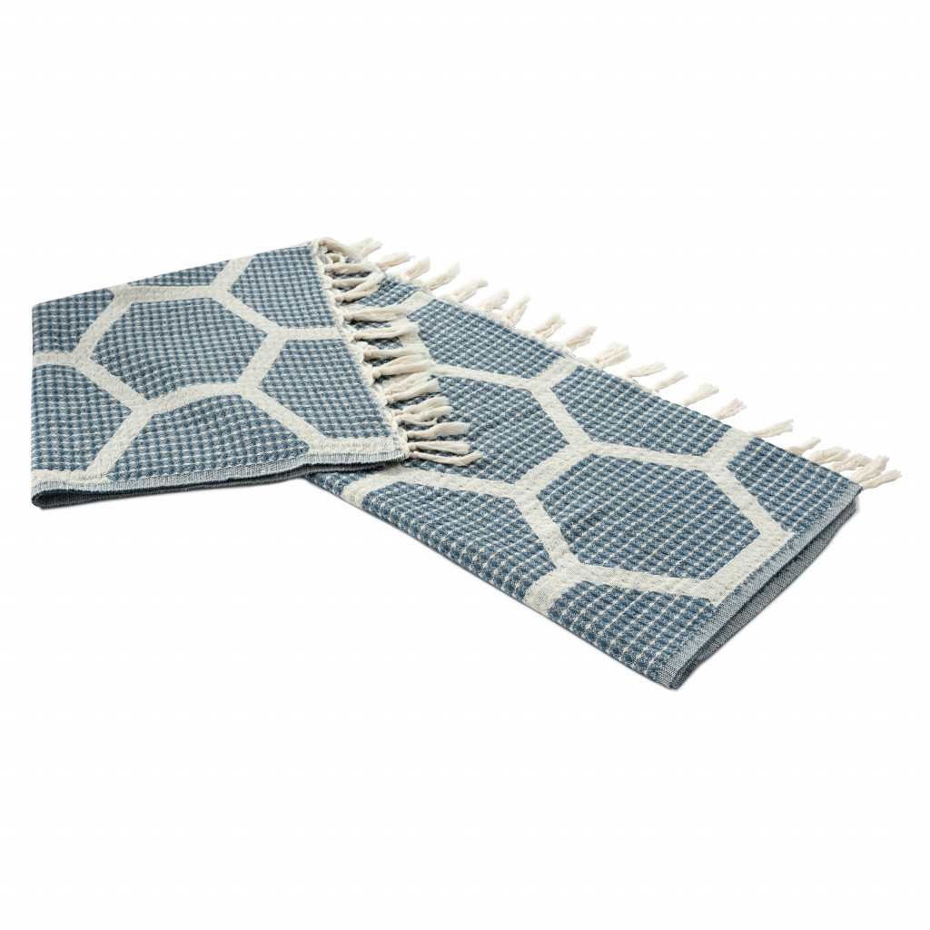 Blue and Off White Woven Cotton Geometric Throw Blanket-516496-1