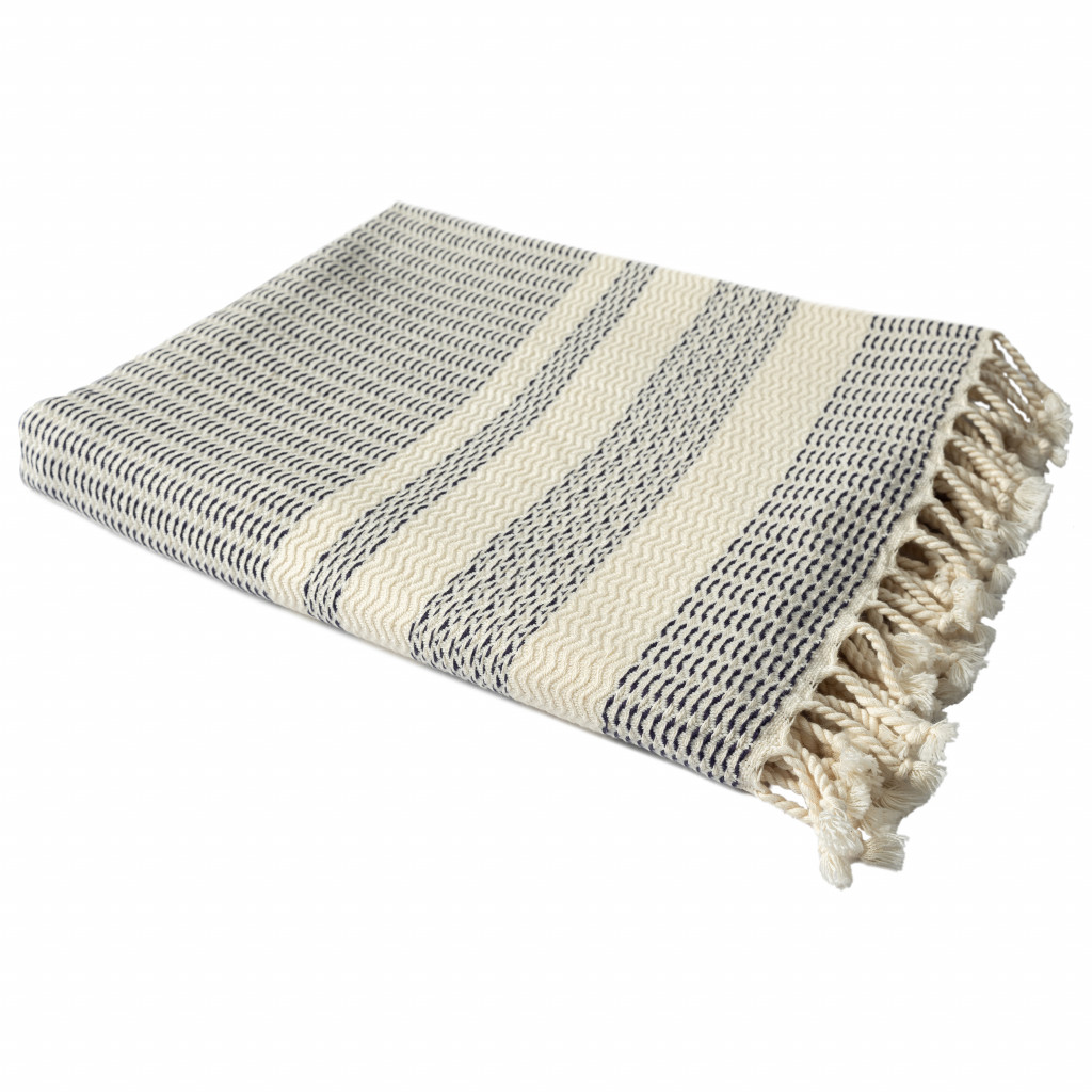 Blue and White Woven Cotton Striped Throw Blanket-516509-1