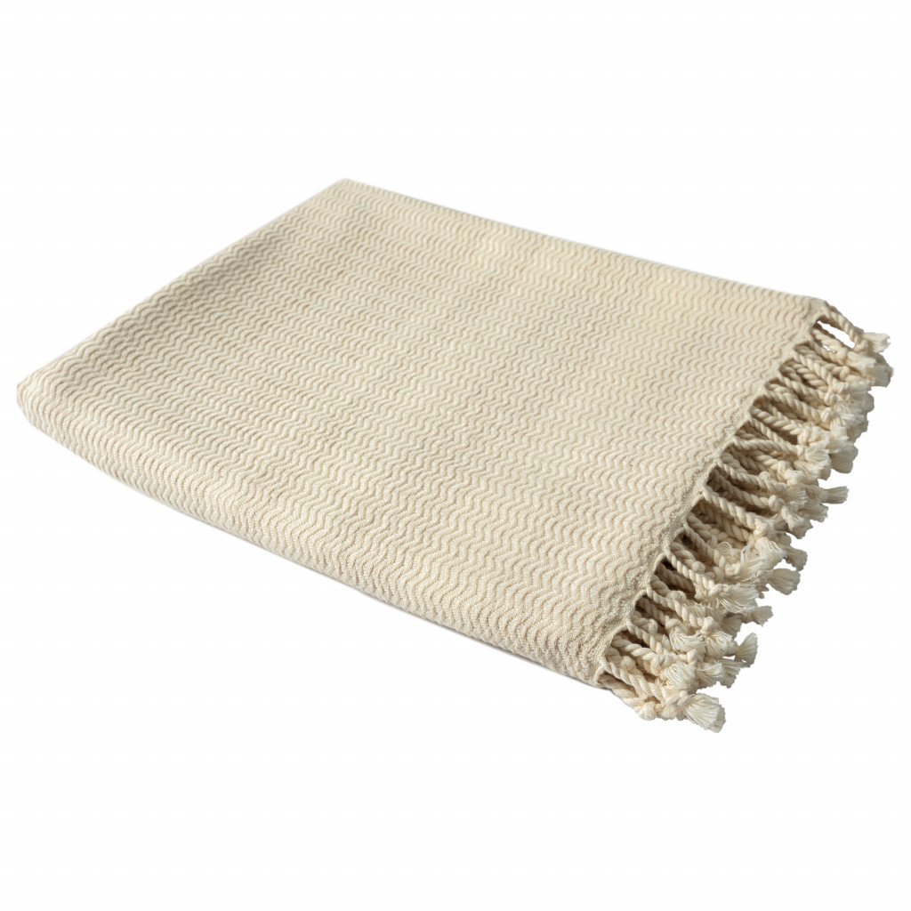 Beige Woven Cotton Striped Throw Blanket-516510-1