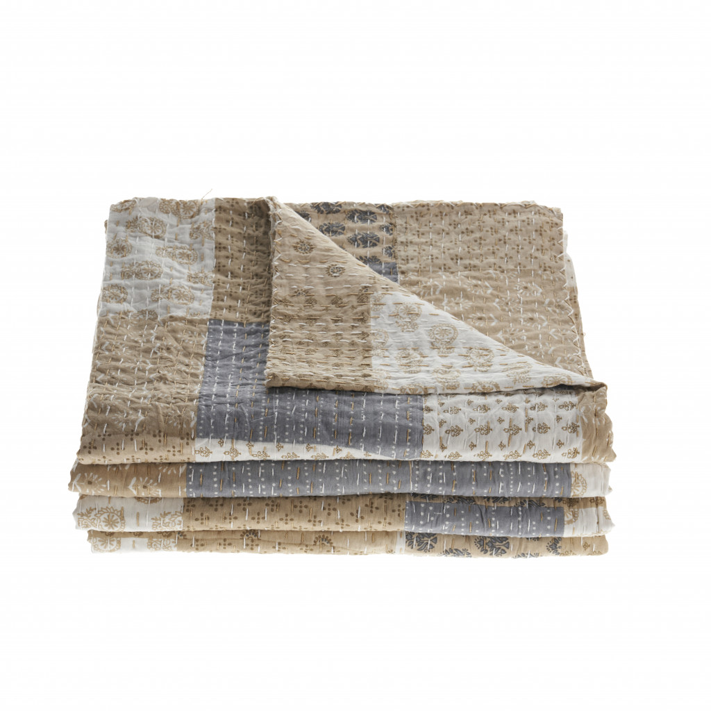 Cream Knitted Cotton Geometric Throw-516524-1