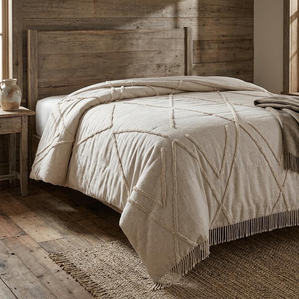 Ivory Geometric King Cotton Coverlet With Fringe