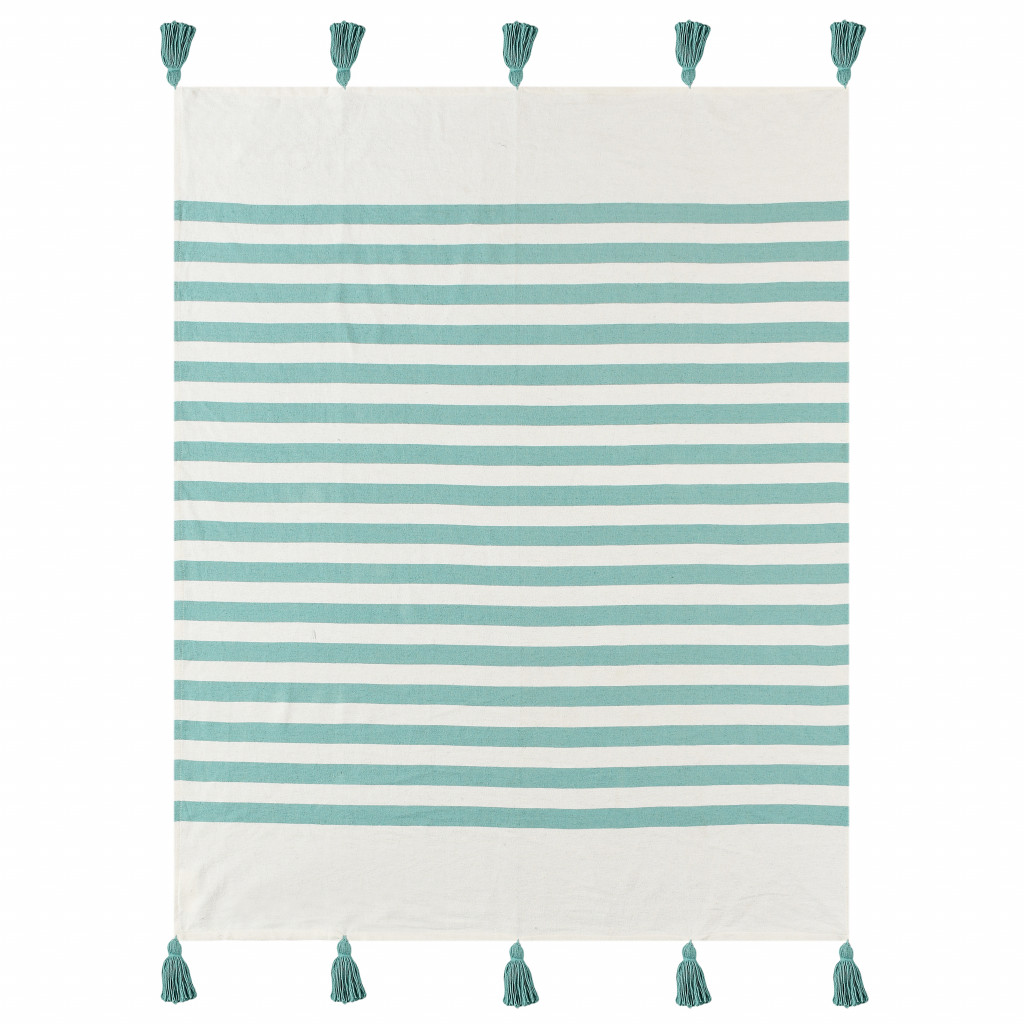 Blue and White Woven Cotton Striped Throw Blanket-516554-1
