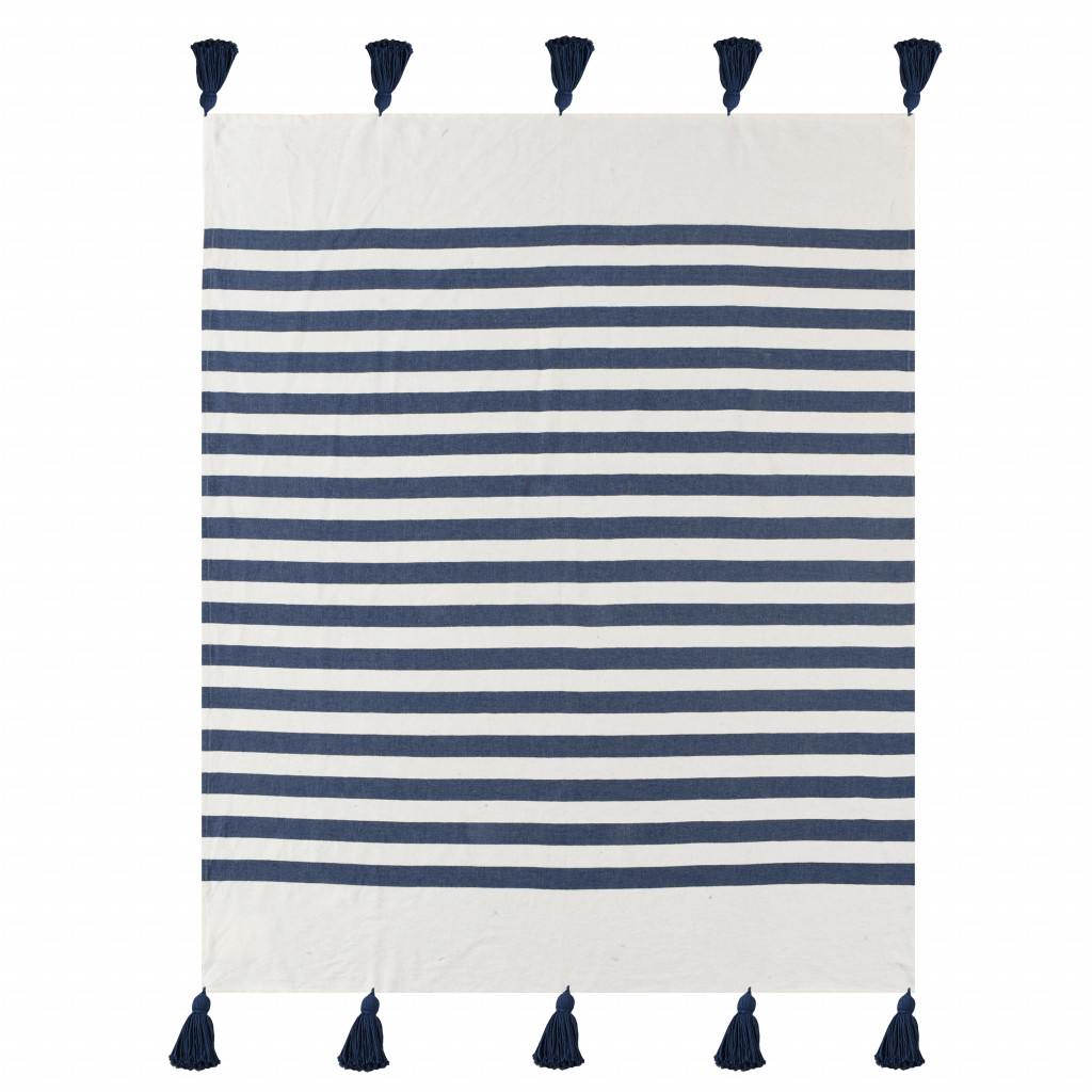 Blue and White Woven Cotton Striped Throw Blanket-516556-1