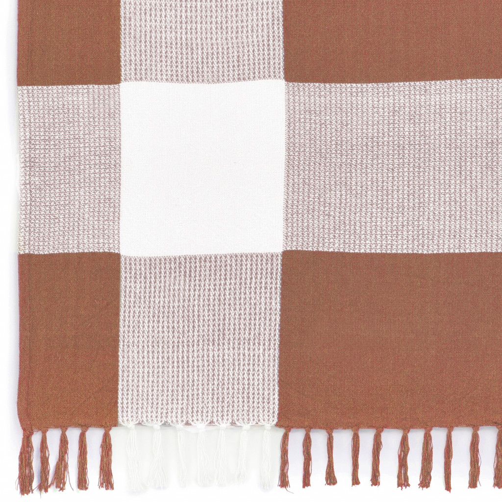 Brown and White Woven Cotton Checkered Throw Blanket-516570-1