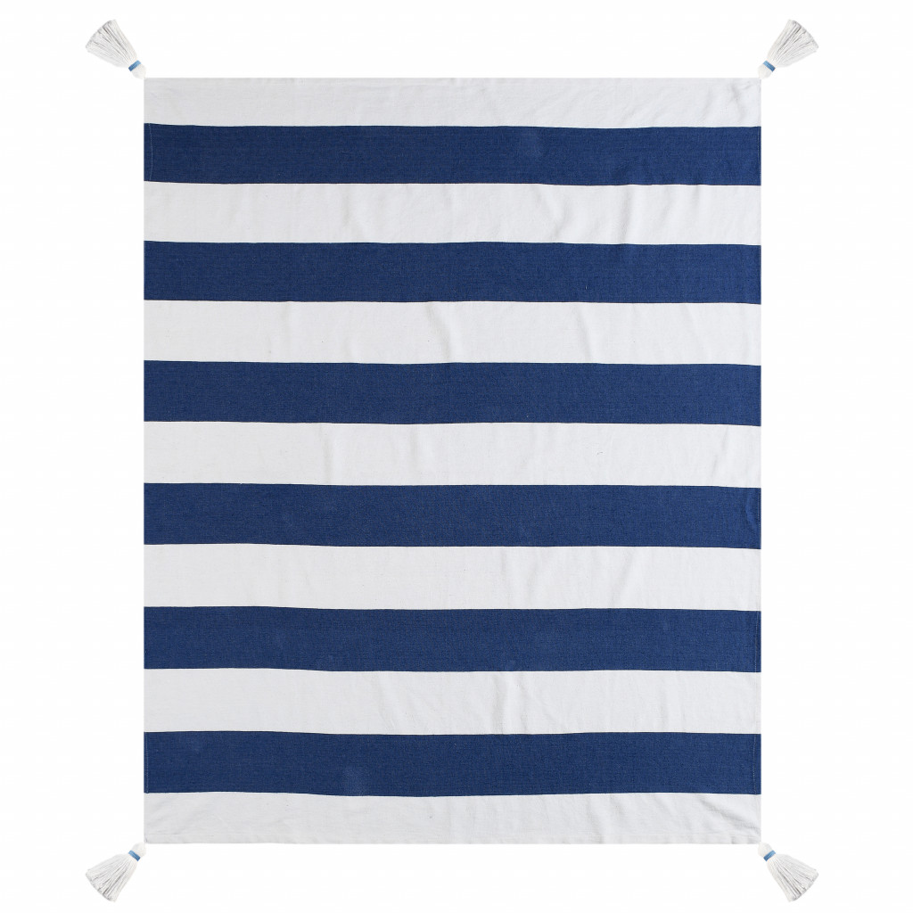 Blue and White Knitted Cotton Striped Throw Blanket-516596-1