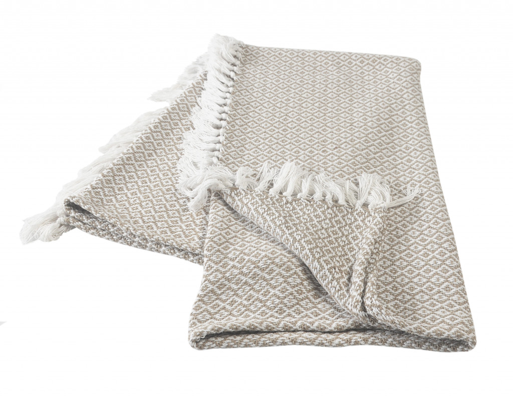 Tan Woven Cotton Geometric Throw Blanket-516604-1