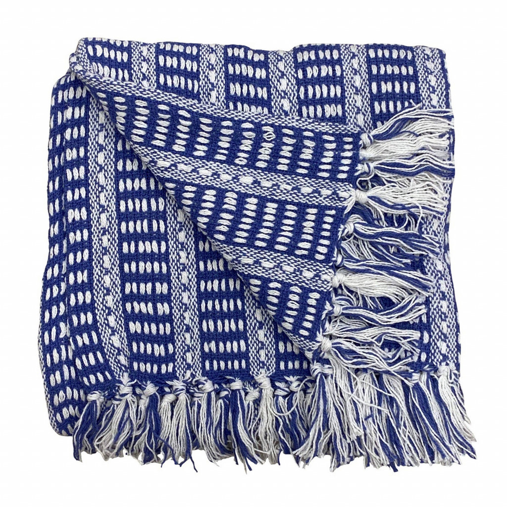 Blue and White Woven Cotton Striped Throw Blanket-516608-1