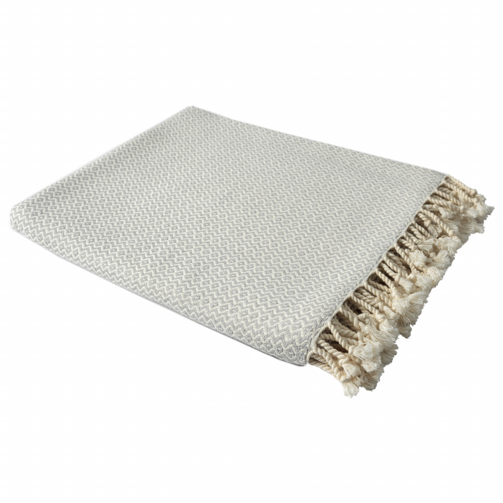 50" X 60" Gray Woven Cotton Geometric Throw Blanket with Fringe-516611-1