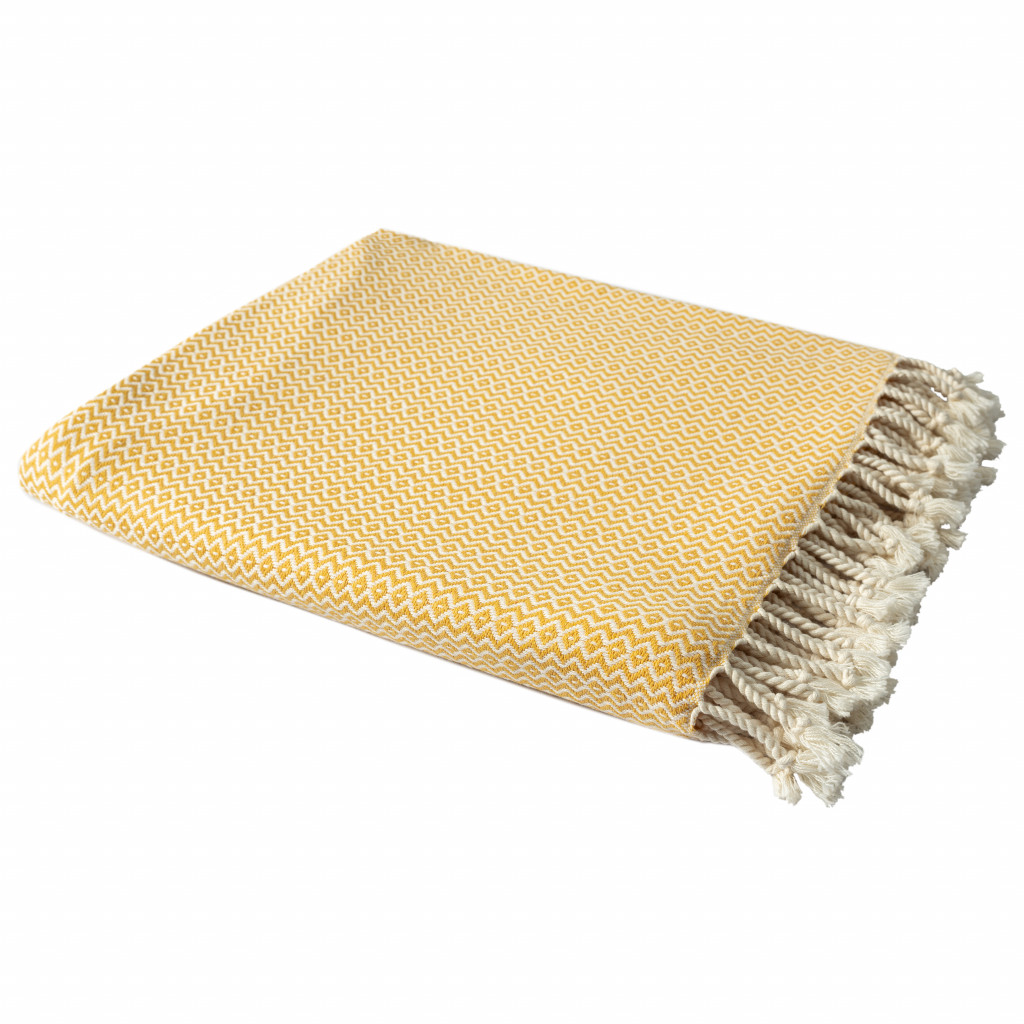 50" X 60" Yellow Woven Cotton Geometric Throw Blanket with Fringe-516612-1