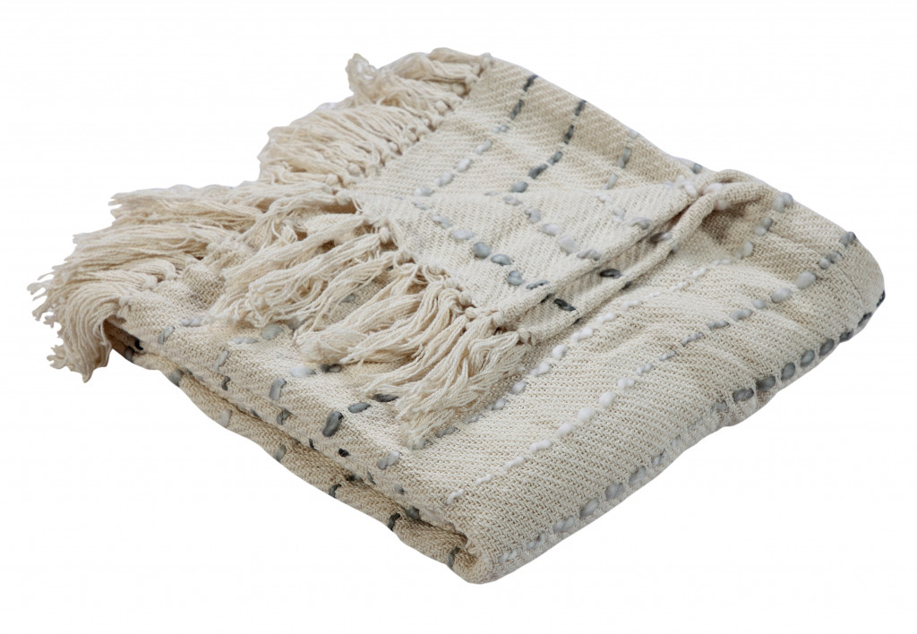Cream Woven Cotton Striped Throw Blanket-516628-1