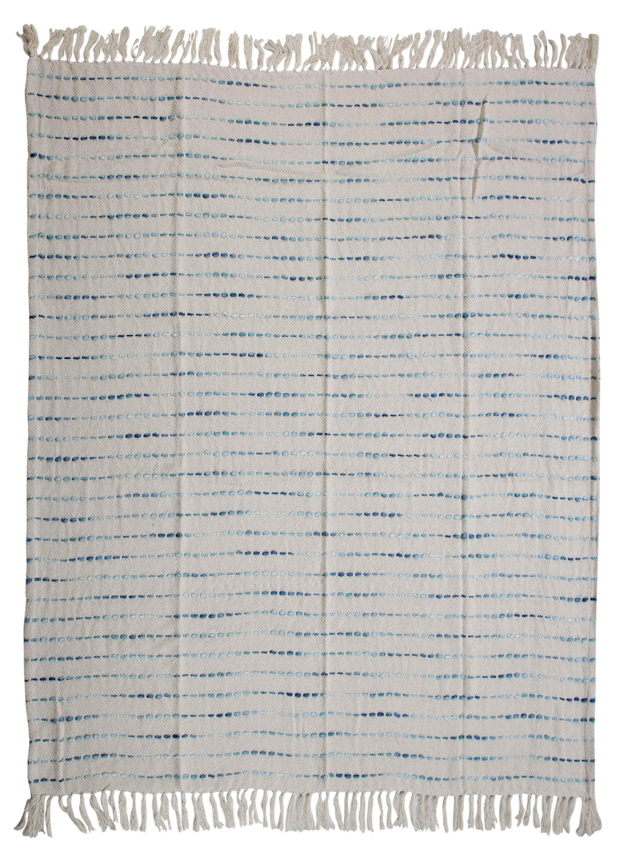 50" X 60" Cream Kantha Cotton Striped Throw Blanket with Embroidery-516629-1