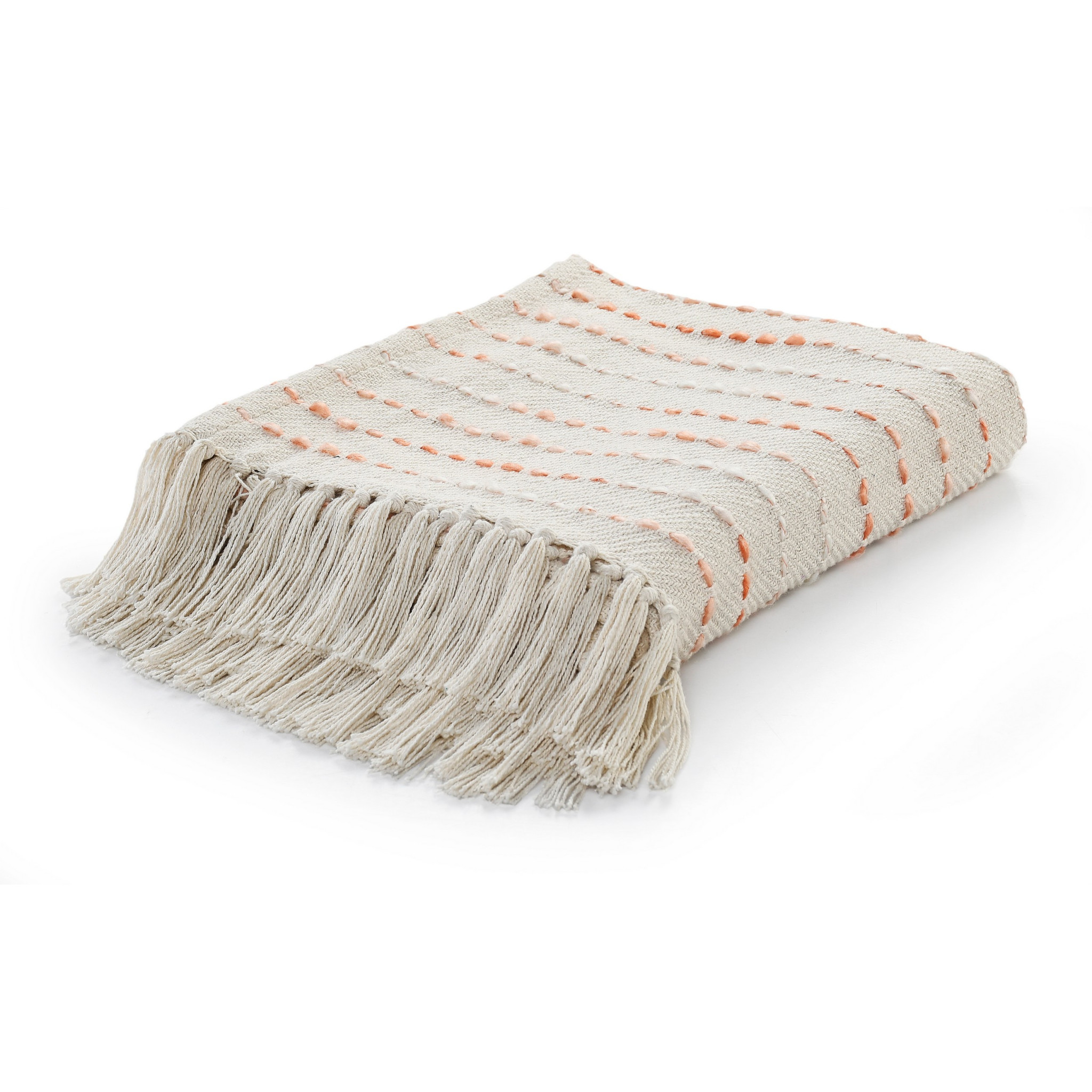 Cream Woven Cotton Striped Throw Blanket-516632-1