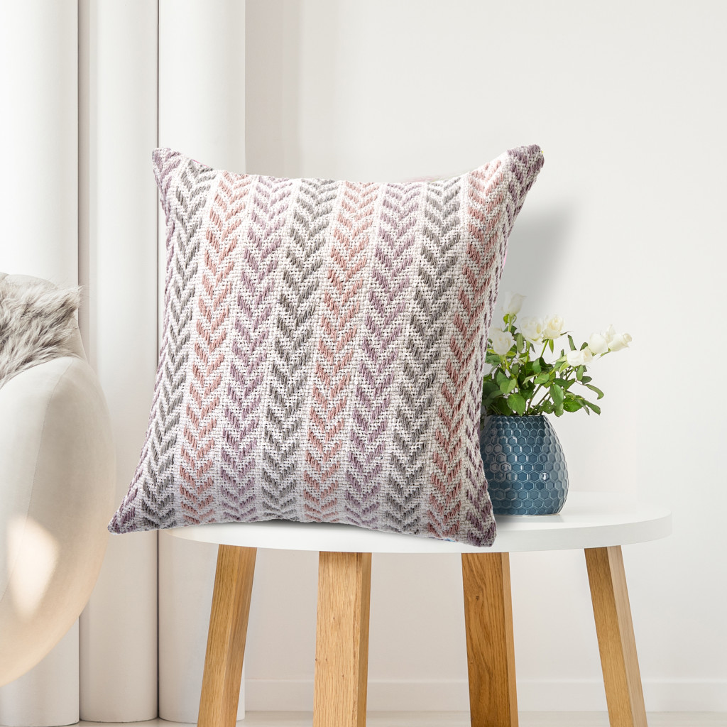 18" X 18" Purple Pink Gray And White 100% Cotton Chevron Zippered Pillow