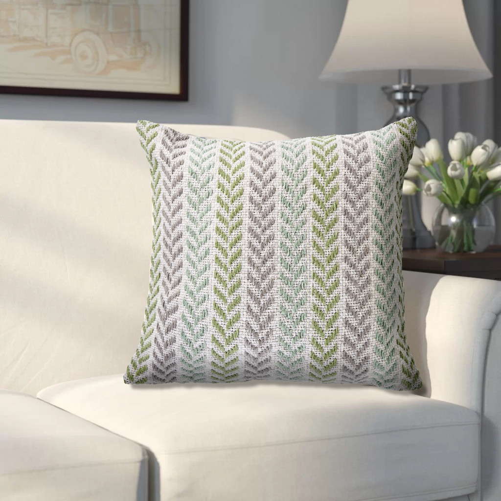 18" X 18" Green Blue Gray And White 100% Cotton Chevron Zippered Pillow