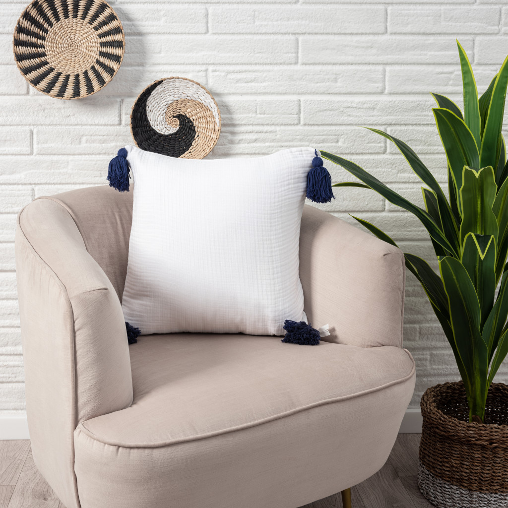 20" X 20" White And Blue 100% Cotton Zippered Pillow