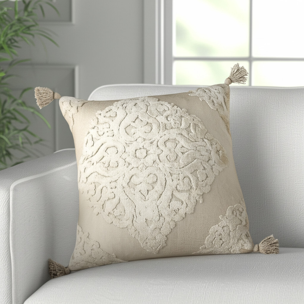 20" Cream Viscose Throw Pillow with Tassels-516667-1