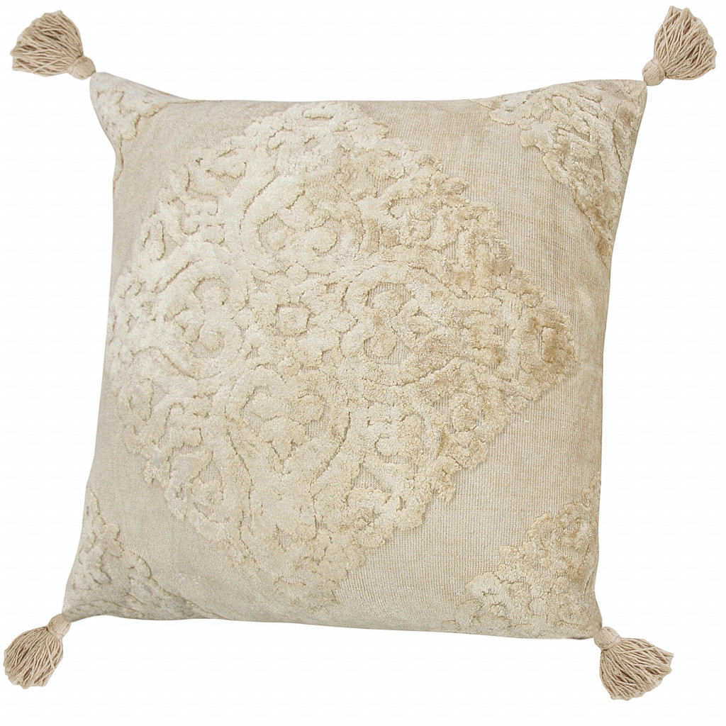 20" X 20" Cream And Beige Viscose Zippered Pillow-516667-1