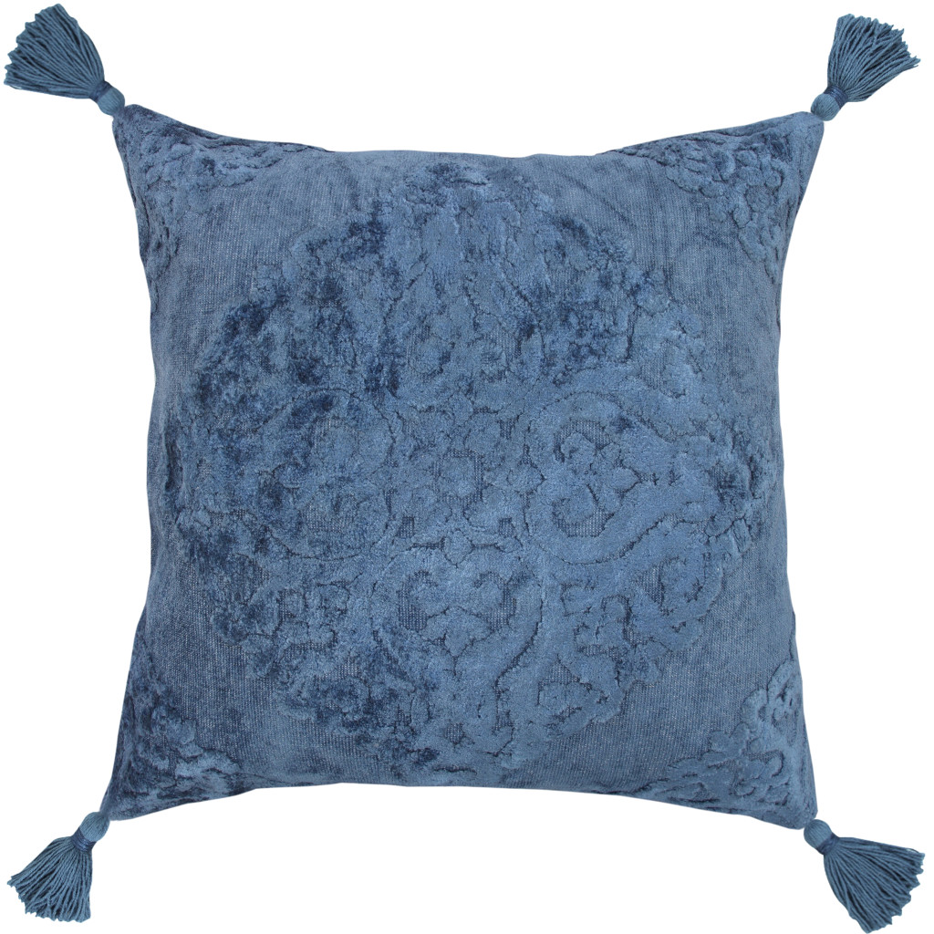 20" X 20" Blue Damask Cotton Blend Zippered Pillow With Tassels-516668-1