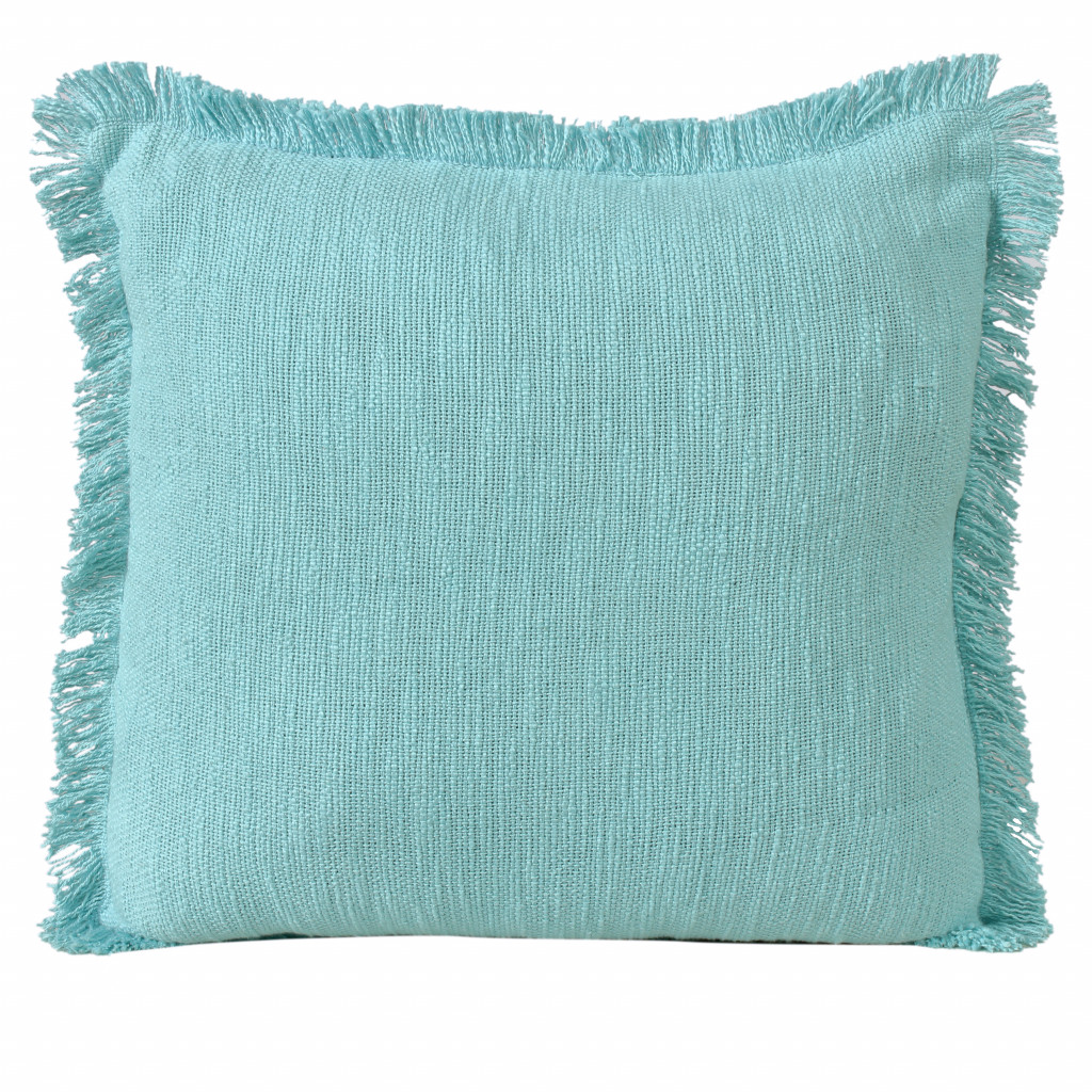 20" X 20" Aqua 100% Cotton Zippered Pillow With Fringe-516680-1
