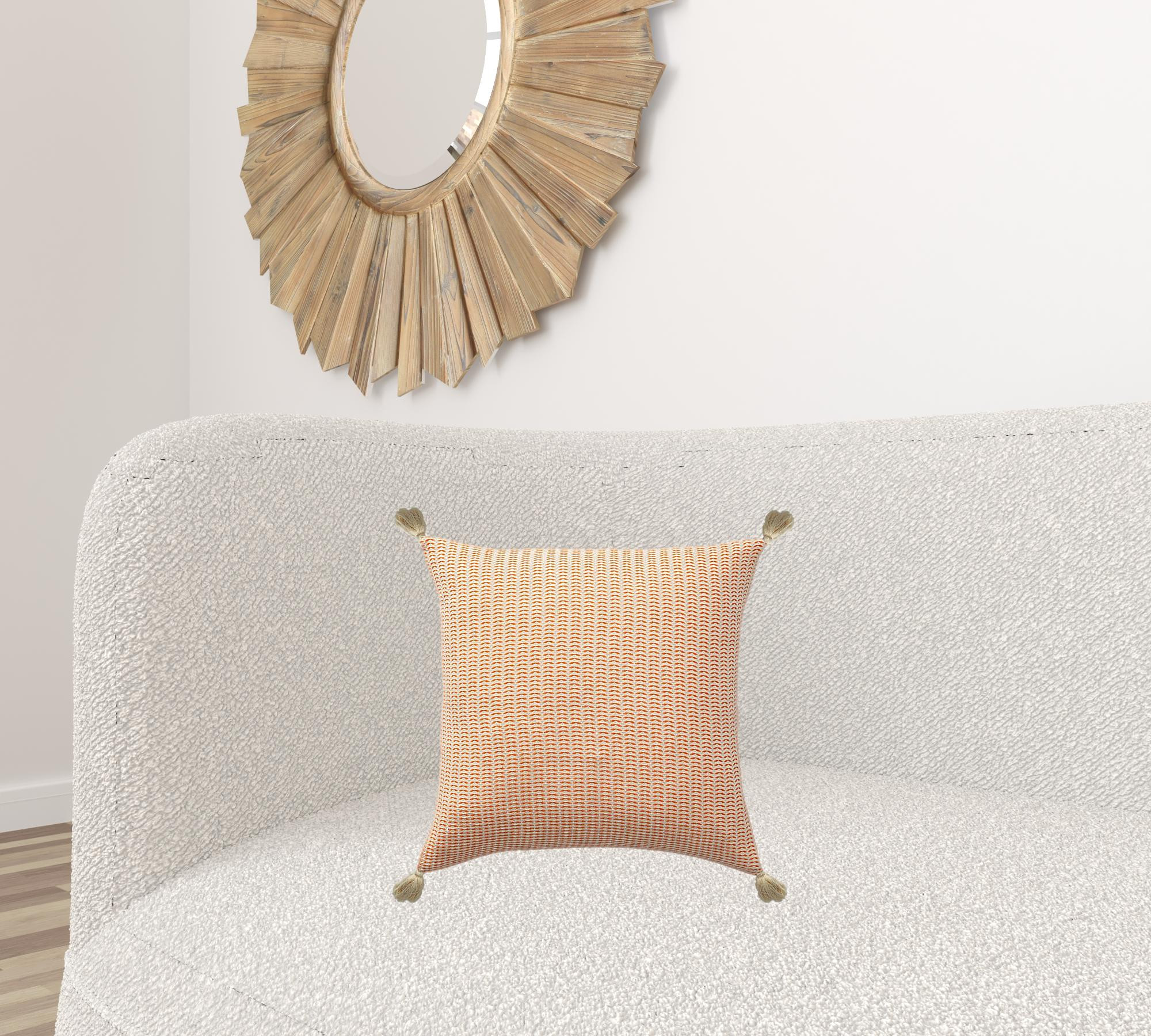 18" X 18" Orange And Ivory 100% Cotton Striped Zippered Pillow