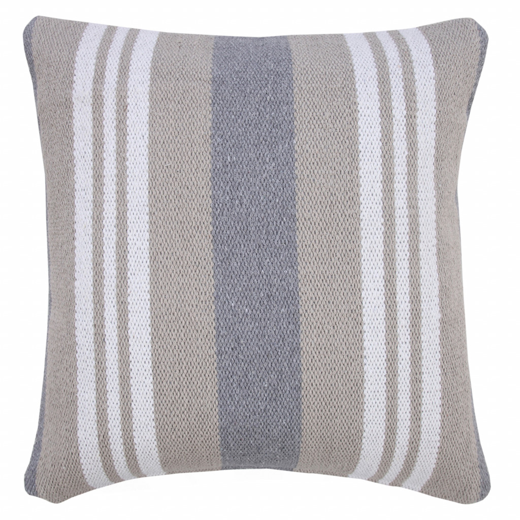 20" X 20" Beige Gray And White 100% Cotton Striped Zippered Pillow-516711-1
