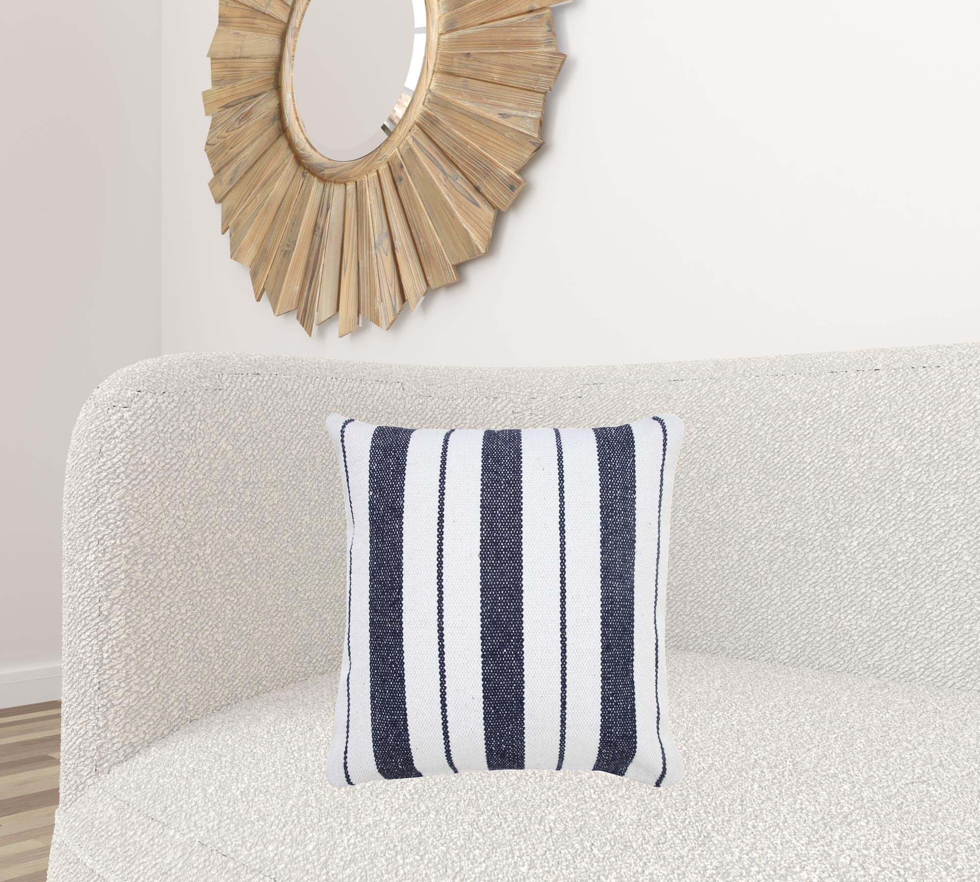 20" X 20" Navy And White 100% Cotton Coastal Zippered Pillow