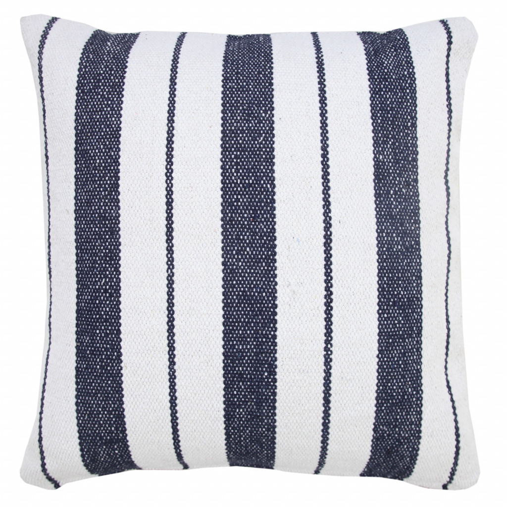 20" X 20" Navy And White 100% Cotton Coastal Zippered Pillow