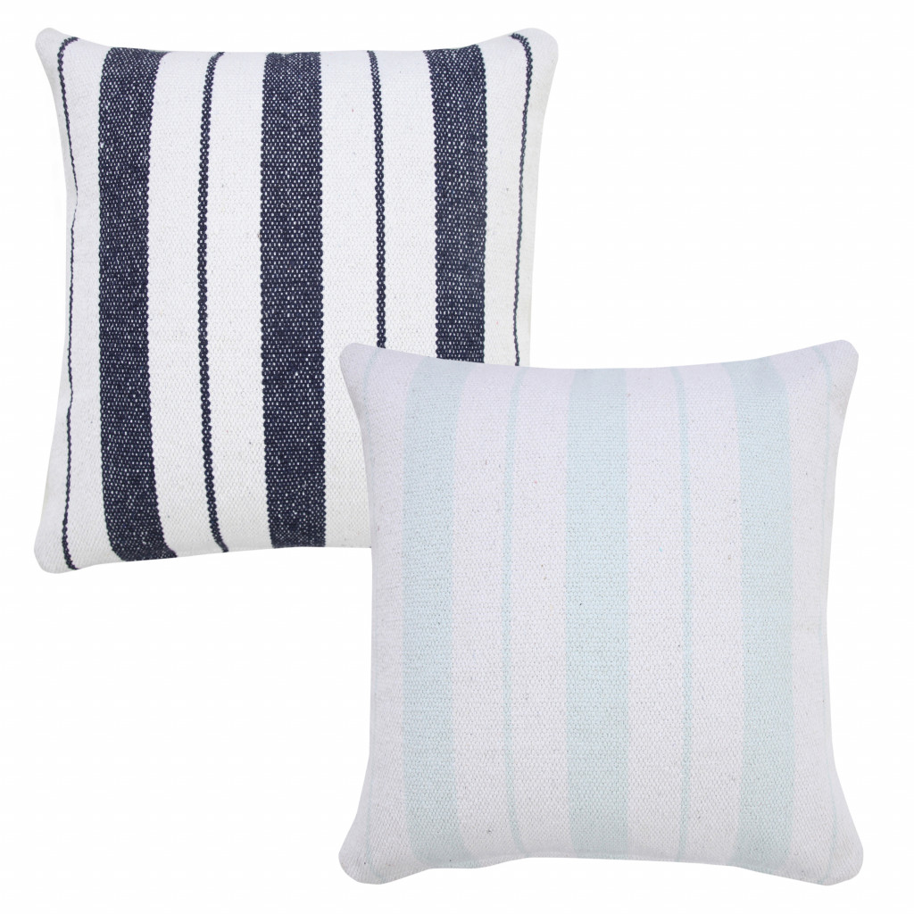 20" X 20" Navy And White 100% Cotton Coastal Zippered Pillow