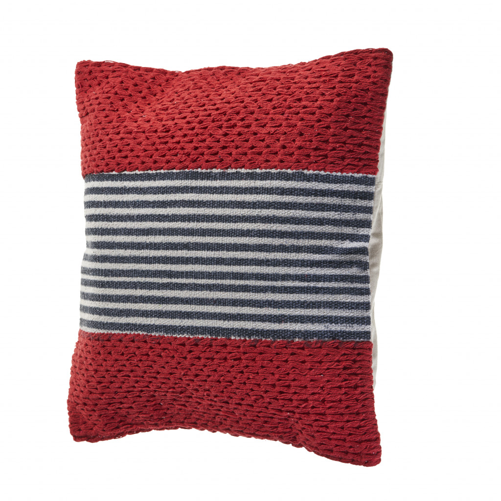 20" X 20" Red And Blue 100% Cotton Striped Zippered Pillow