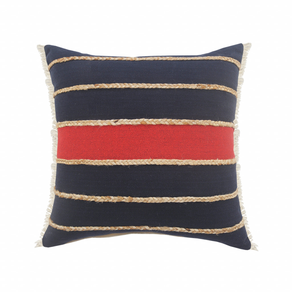 24" X 24" Navy Red And Tan 100% Cotton Striped Zippered Pillow-516723-1